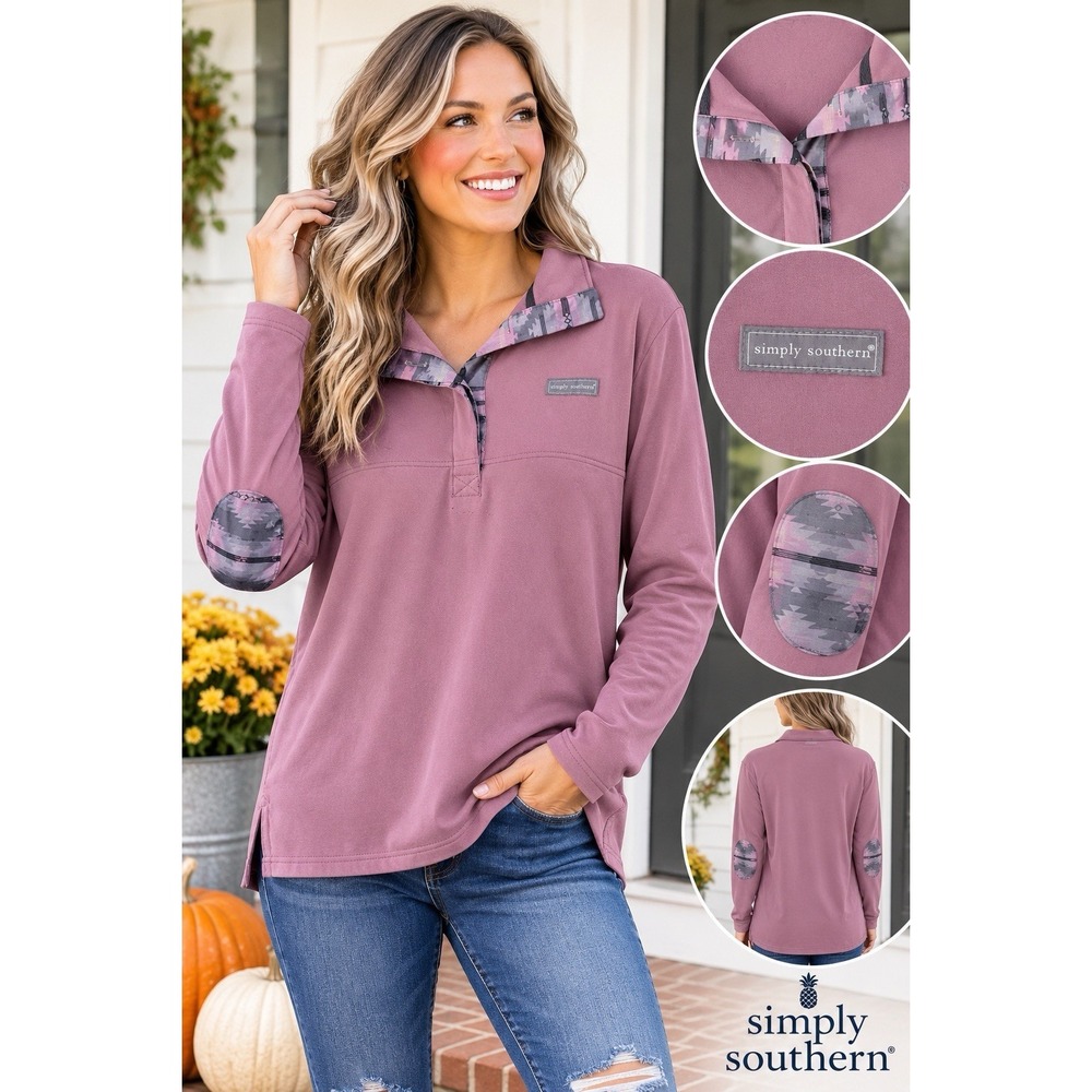 Simply Southern Pullover Top Small Mauve Aztec Trim Elbow Patch Long Sleeve